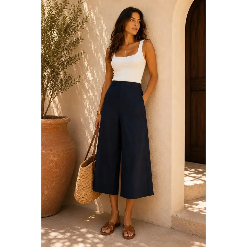 Banana Republic Linen Pants Wide Leg Cropped Black SZS Coastal Classic Luxe